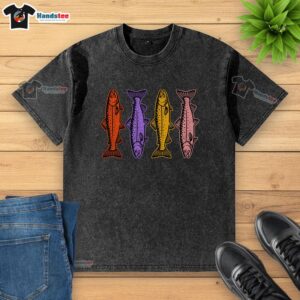 Alt Text: Retro 80s washed t-shirt featuring an original rainbow trout fish design, perfect for fishing enthusiasts and vintage lovers.