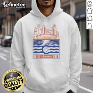 Official FC Cincinnati retro hoodie featuring city skyline, stadium, river, and logo design.