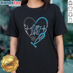 Awesome Miami Marlins stethoscope heartbeat design on a ladies tee, perfect for baseball fans and healthcare workers.