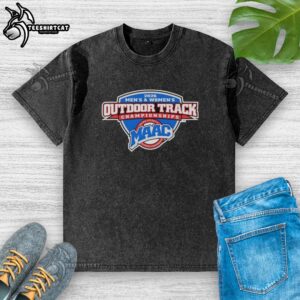 2026 Top MAAC Outdoor Track and Field Championship logo on a washed t-shirt design, featuring vibrant colors and graphics.