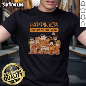Alt Text: Funny Peanuts T-Shirt featuring 'Happiness Is A Spot On The Couch' design for ultimate comfort and style.