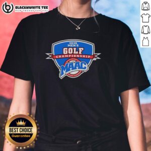 Alt Text: 2026 Top MAAC Men's Golf Championship logo on a ladies' tee, showcasing vibrant colors and event branding.