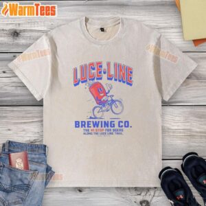 Original Luce Line Brewing washed t-shirt featuring 'The Number 1 Stop for Beers Along the Luce Line Trail' design.