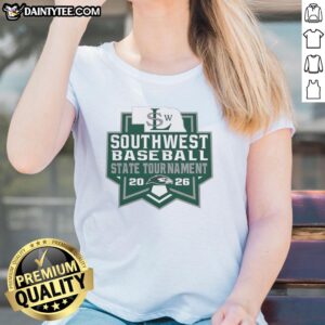 Alt Text: 2026 Original Southwest Silver Hawks Baseball State Tournament logo on a ladies tee shirt design.