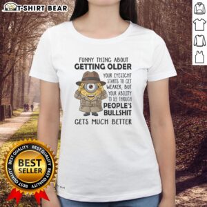Funny 'Top Spy Minion' ladies tee highlighting the humor of aging and eyesight changes. Perfect gift for minion fans!
