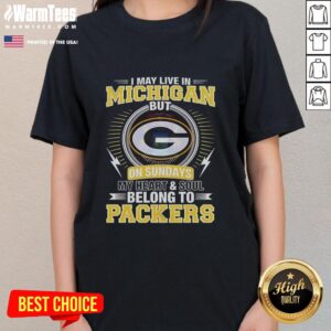 Womens Green Bay Packers tee with text: 'I may live in Michigan on Sundays, my heart belongs to Packers.'
