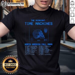 Alt Text: Top The Midnight Time Machines North America Fall 2026 Shows Poster T-Shirt featuring vibrant graphic design and tour dates.