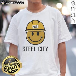 Alt Text: Top Icon Steel City 412 Smiley Hardhat T-Shirt featuring a vibrant design and durable fabric, perfect for workwear.