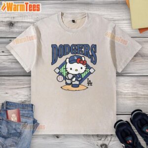 Alt Text: Cute Hello Kitty x Los Angeles Dodgers pitch washed t-shirt featuring vibrant graphics and a stylish design.