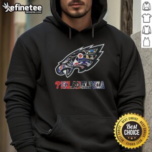Collage of Philadelphia Eagles NFL logo with other Philadelphia sports teams on a stylish hoodie design.