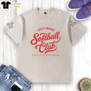 Awesome tired moms Softball Club in classic letter washed t-shirts, enjoying snacks and cheering for homeruns on the field.