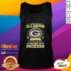 Green Bay Packers tank top with text: 'I may live in Illinois, but my heart belongs to Packers' in vibrant green.