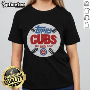 Awesome Chicago Cubs MLB X Topps Baseball The Real One ladies tee featuring vibrant team colors and logo design.