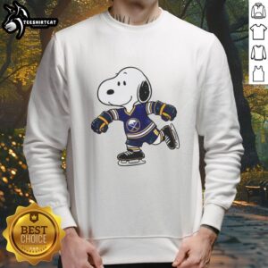 Official Snoopy wearing a Buffalo Sabres ice hockey jersey sweatshirt, perfect for fans and collectors.