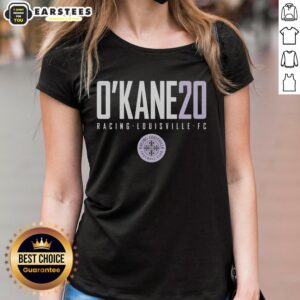 Alt Text: Hot Okan 20 Racing Louisville FC Ladies Tee in vibrant colors, perfect for fans showing support for their team.