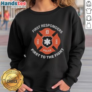 Official Detroit Tigers X First Responders 'First To The Fight Night 2026' sweatshirt featuring vibrant team colors and logo.