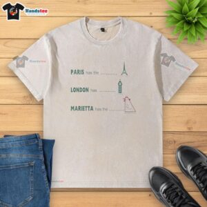 Premium Paris T-shirt featuring the Eiffel Tower, Big Ben, and Marietta's Big Chicken design for unique travel lovers.