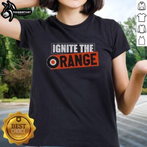 Alt Text: Hot Philadelphia Flyers Ignite the Orange Retro Ladies Tee featuring bold team logo and vibrant orange color.