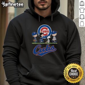 Alt Text: Snoopy, Charlie Brown, Linus, and Lucy wearing Chicago Cubs jerseys and hoodies, celebrating baseball spirit.