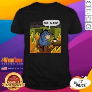 Original Stuffed Donkey 'This Is Fine' meme T-shirt featuring a cute donkey illustration and humorous text design.