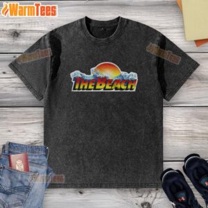 Pretty The Beach Waterpark logo on a washed t-shirt, showcasing vibrant colors and fun beach vibes for summer wear.