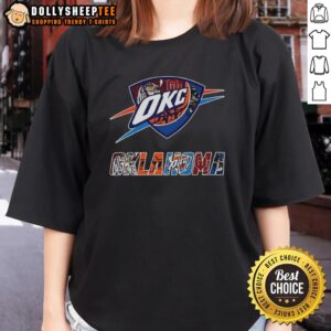 Collage of Oklahoma City Thunder NBA logo and other Oklahoma sports team logos on a ladies tee shirt design.