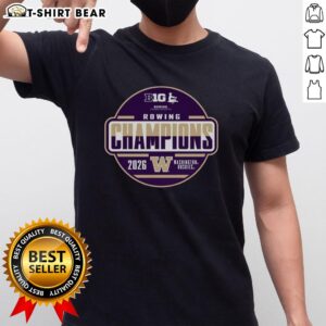 Alt Text: Good Washington Huskies 2026 Big Ten Rowing Champions T-Shirt displayed in a locker room setting.