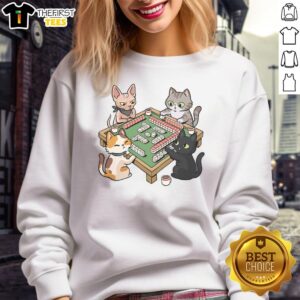 Cozy Good Cat Mahjong sweatshirt featuring playful cat graphics and mahjong tiles, perfect for cat lovers and gamers.