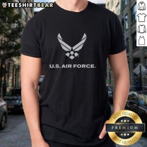 Alt Text: Official US Air Force Military Pride Wings Emblem T-Shirt featuring service text, perfect for proud Air Force members.