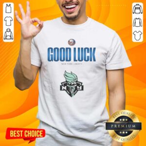 Official New York Islanders Good Luck New York Liberty T-Shirt featuring team logos and vibrant colors for fans.