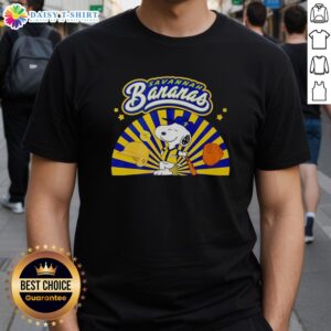 Alt Text: Original Snoopy Savannah Bananas baseball dog in batting stance on a fun t-shirt, perfect for fans and pet lovers.