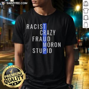 Funny 'Nice Trump Racist Crazy Fraud Moron Stupid' T-Shirt design featuring bold text and graphic elements for humor.