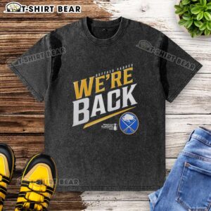 Buffalo Sabres Stanley Cup 2026 'We're Back' washed t-shirt, showcasing team pride and vintage style for fans.