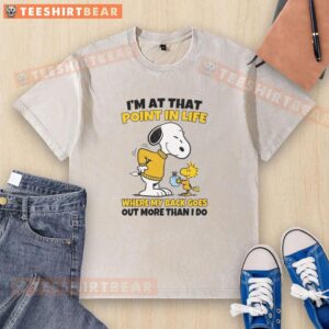 Alt Text: Funny washed t-shirt featuring 'Nice, I'm at that point in life where my back goes out more than I do' graphic.