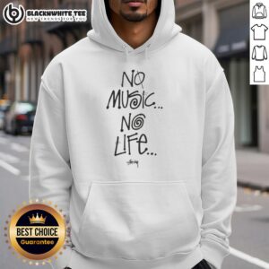Alt Text: Black 'No Music No Life' hoodie from Good Tower Records displayed on a wooden background, showcasing music culture fashion.