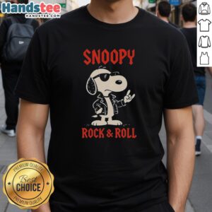 Alt Text: Awesome Snoopy Rock And Roll Cartoon T-Shirt featuring Snoopy playing guitar in vibrant colors, perfect for fans.