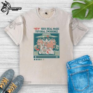 Pretty Arcane Clickbait: New 100% Real Magic Tutorial on a trendy washed t-shirt design, perfect for magic enthusiasts.