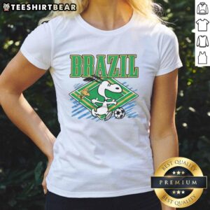 Alt Text: Nice Peanuts Snoopy X Brazil Soccer Ladies Tee featuring Snoopy in a soccer jersey, perfect for fans and summer wear.