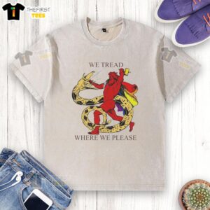 Official We Tread Where We Please Thor and Jormungandr washed t-shirt featuring Norse mythology design.