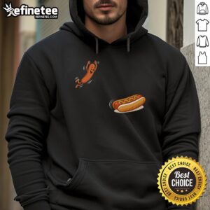 Cute hot dog jumping into a bun, wearing a fun BBQ hoodie, perfect for food lovers and summer cookouts.