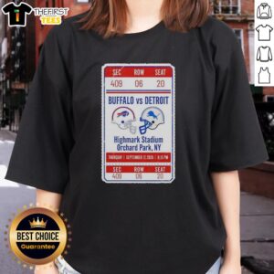 Buffalo Bills vs. Detroit Lions NFL game ticket on a ladies tee, showcasing team spirit in the new stadium.