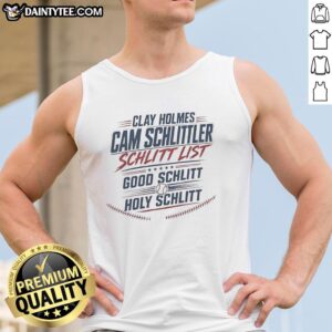 Original Clay Holmes Cam Schlittler Holy Schlitt tank top featuring vibrant design and comfortable fit for casual wear.
