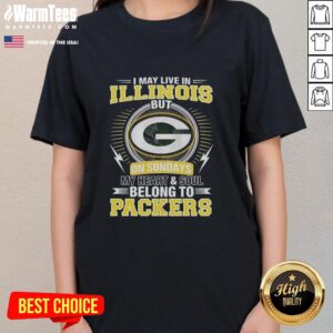 Green Bay Packers ladies tee featuring text about loyalty to Packers despite living in Illinois on Sundays.