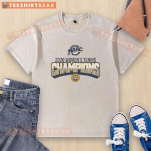 Alt Text: Quinnipiac University MAAC Women's Tennis Championship 2026 logo on a washed t-shirt design displayed on a white background.