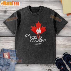Premium Canadian Living in Alberta Patriotic Maple Leaf Flame Washed T-Shirt showcasing vibrant colors and design.