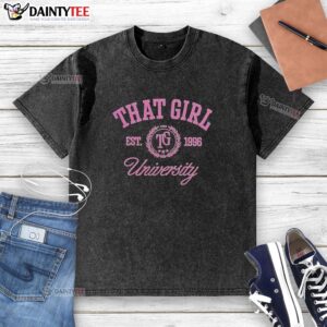 Alt Text: Pretty That Girl Crest Est 1996 TG University washed t-shirt in soft cotton, perfect for casual style and comfort.