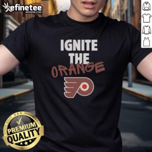 Official Philadelphia Flyers Ignite The Orange 2026 NHL Playoffs fan gear T-shirt featuring vibrant team colors and logo.