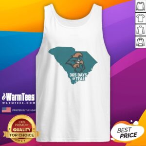 Teal tank top featuring 'Nice Coastal Carolina 365 Days of Teal' design, perfect for summer beach wear and coastal vibes.
