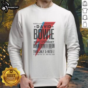 Alt Text: David Bowie as Ziggy Stardust performing at Hammersmith Odeon in London, featured on a stylish sweatshirt.