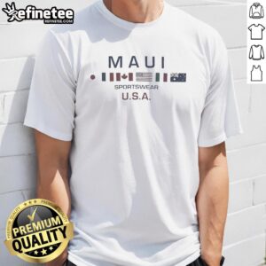 Premium Maui Sportswear USA Flags T-Shirt featuring vibrant American flag design, perfect for casual and sporty outfits.